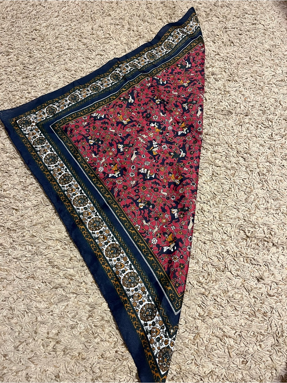 Floral Red Triangle Scarf with Navy Border